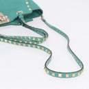 VALENTINO Studs Tote Bag Leather 2way Turquoise Blue Gold Auth BA15656A-10