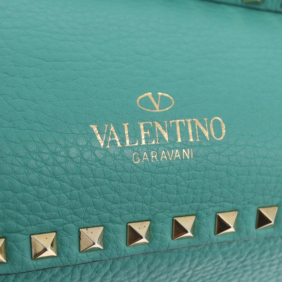 VALENTINO Studs Tote Bag Leather 2way Turquoise Blue Gold Auth BA15656A
