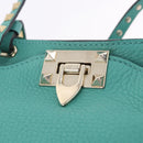 VALENTINO Studs Tote Bag Leather 2way Turquoise Blue Gold Auth BA15656A-18