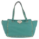 VALENTINO Studs Tote Bag Leather 2way Turquoise Blue Gold Auth BA15656A-2