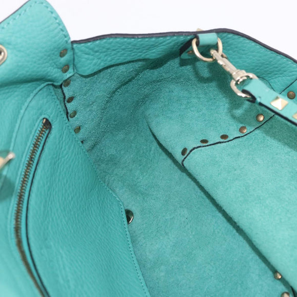 VALENTINO Studs Tote Bag Leather 2way Turquoise Blue Gold Auth BA15656A