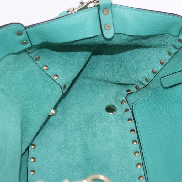 VALENTINO Studs Tote Bag Leather 2way Turquoise Blue Gold Auth BA15656A