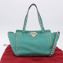 VALENTINO Studs Tote Bag Leather 2way Turquoise Blue Gold Auth BA15656A-27