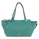 VALENTINO Studs Tote Bag Leather 2way Turquoise Blue Gold Auth BA15656A-3