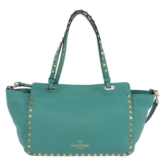 VALENTINO Studs Tote Bag Leather 2way Turquoise Blue Gold Auth BA15656A