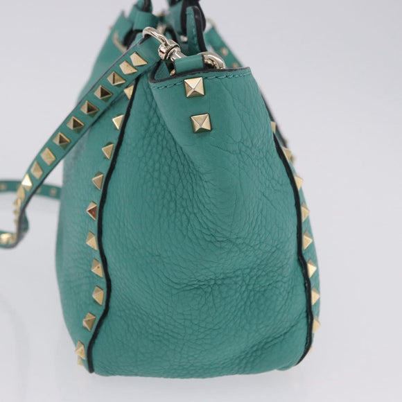 VALENTINO Studs Tote Bag Leather 2way Turquoise Blue Gold Auth BA15656A