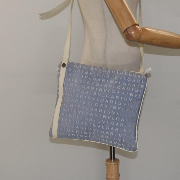 BVLGARI Logo Mania Shoulder Bag Nylon Light Blue Silver Auth BA1566