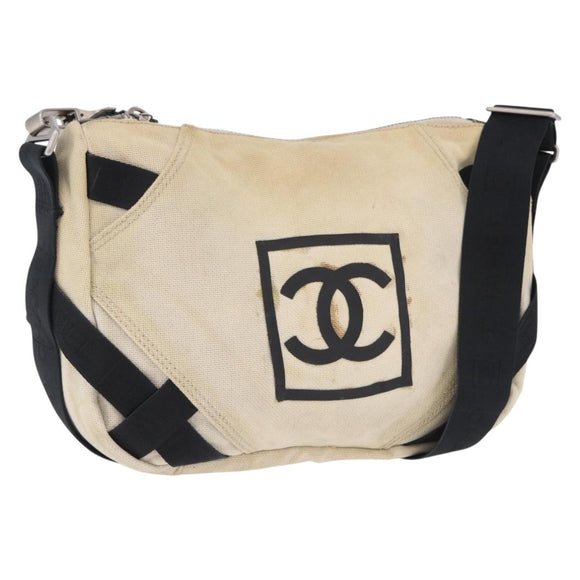 CHANEL Chanel Sports Shoulder Bag Canvas Beige Silver CC Auth BA15714