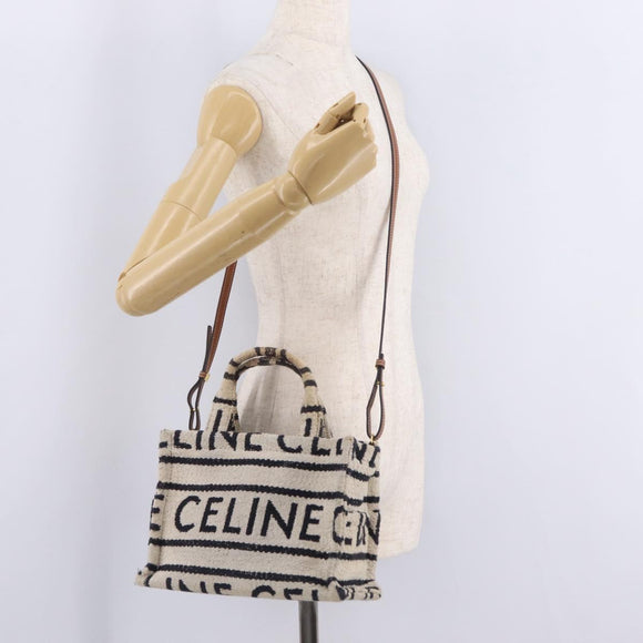 CELINE Small Cabas Tice Hand Bag Canvas 2way White Gold Auth BA15751