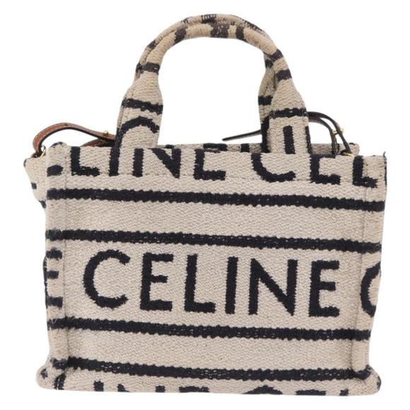 CELINE Small Cabas Tice Hand Bag Canvas 2way White Gold Auth BA15751