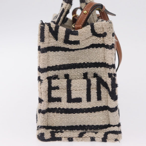 CELINE Small Cabas Tice Hand Bag Canvas 2way White Gold Auth BA15751