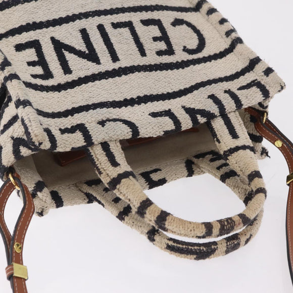 CELINE Small Cabas Tice Hand Bag Canvas 2way White Gold Auth BA15751