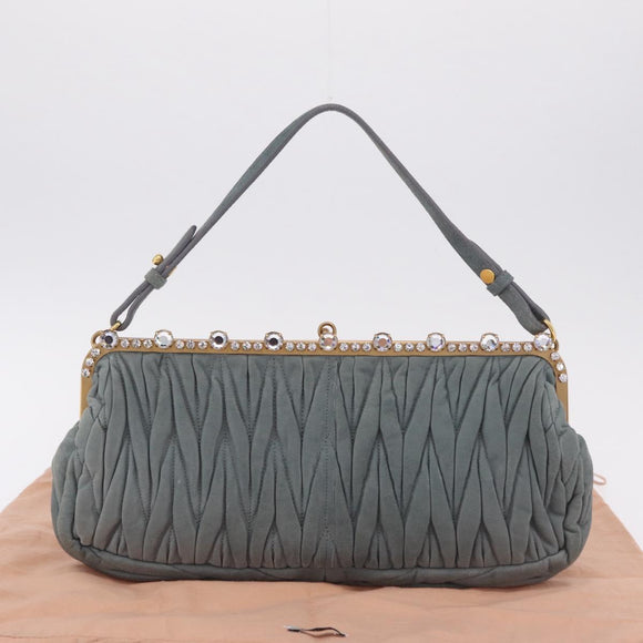 Miu Miu Matelasse Rhinestone Shoulder Bag Suede Gray Gold Auth BA15755V