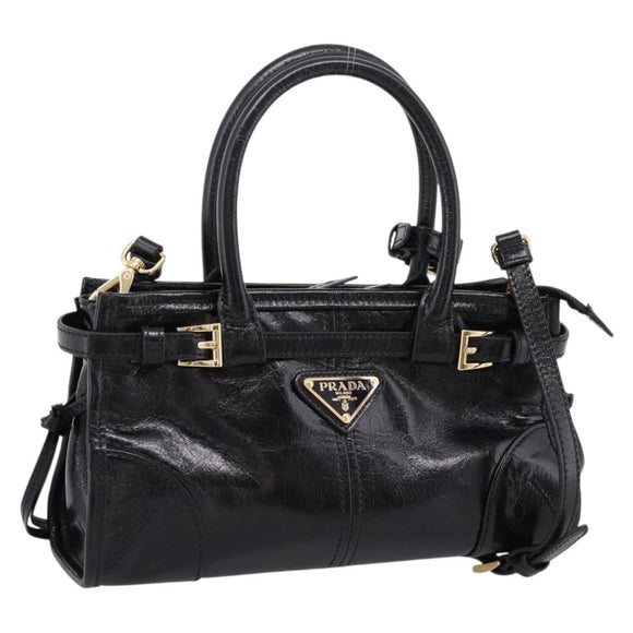 PRADA Bonnie Hand Bag Leather 2way Black Gold Auth BA15756SAM