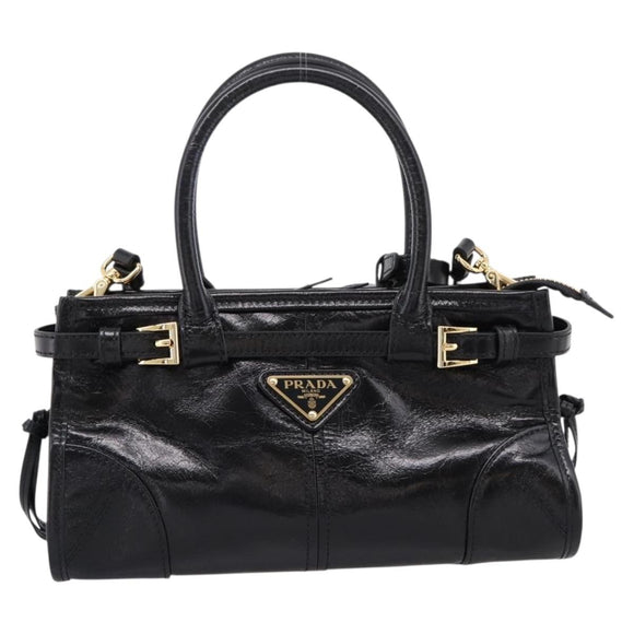 PRADA Bonnie Hand Bag Leather 2way Black Gold Auth BA15756SAM