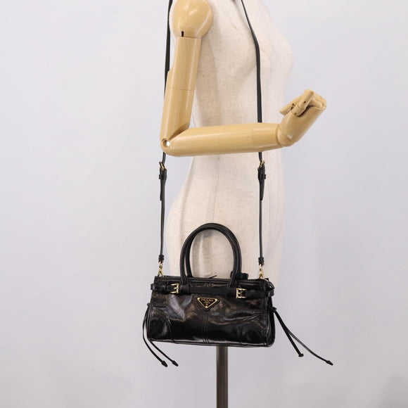 PRADA Bonnie Hand Bag Leather 2way Black Gold Auth BA15756SAM