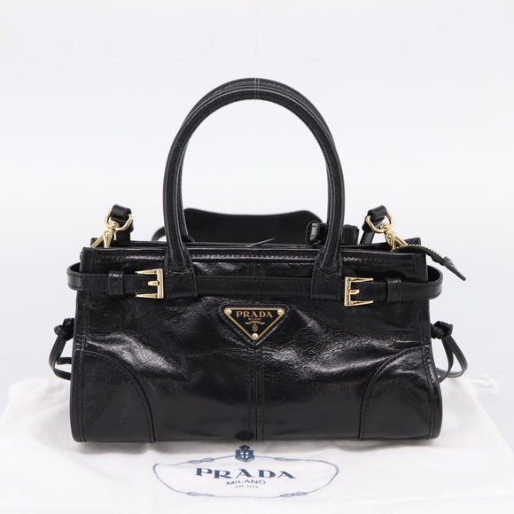 PRADA Bonnie Hand Bag Leather 2way Black Gold Auth BA15756SAM