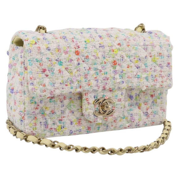 CHANEL Mini Matelasse 20 Single Flap Chain Bag Tweed White CC Auth BA15757SM