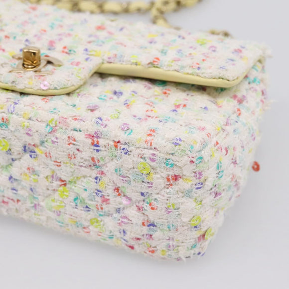 CHANEL Mini Matelasse 20 Single Flap Chain Bag Tweed White CC Auth BA15757SM