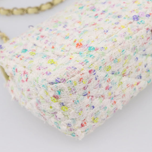 CHANEL Mini Matelasse 20 Single Flap Chain Bag Tweed White CC Auth BA15757SM