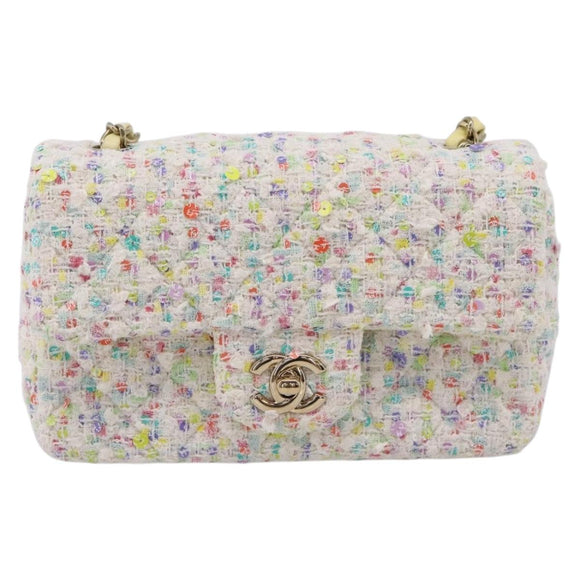 CHANEL Mini Matelasse 20 Single Flap Chain Bag Tweed White CC Auth BA15757SM