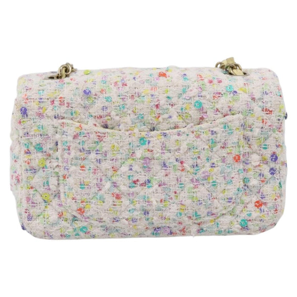 CHANEL Mini Matelasse 20 Single Flap Chain Bag Tweed White CC Auth BA15757SM