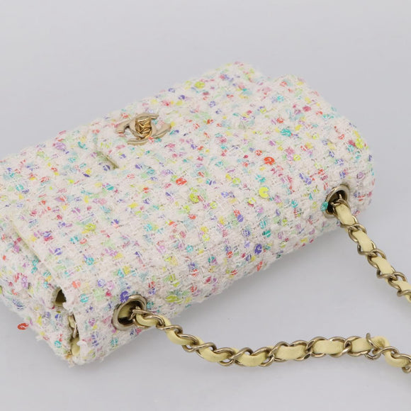 CHANEL Mini Matelasse 20 Single Flap Chain Bag Tweed White CC Auth BA15757SM