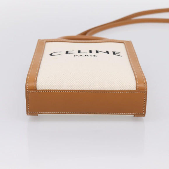 CELINE Mini Vertical Cabas Hand Bag Canvas 2way White Gold Auth BA15762M