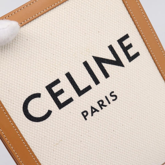 CELINE Mini Vertical Cabas Hand Bag Canvas 2way White Gold Auth BA15762M
