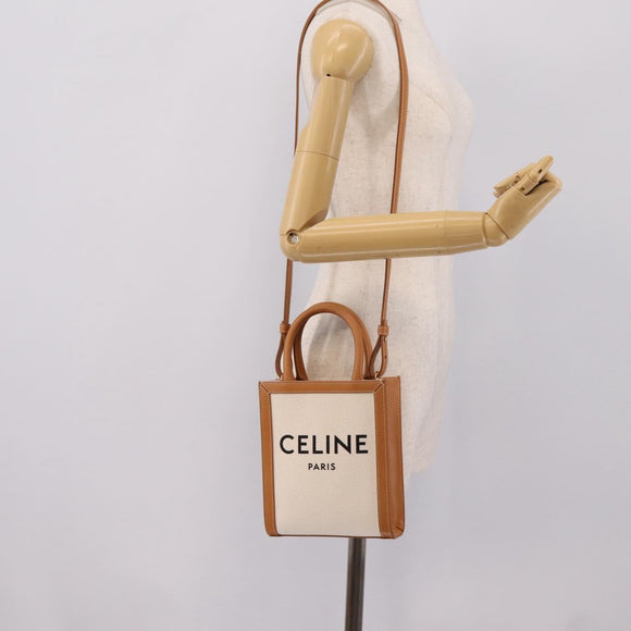 CELINE Mini Vertical Cabas Hand Bag Canvas 2way White Gold Auth BA15762M