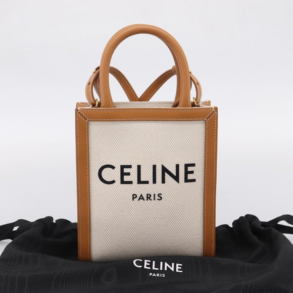 CELINE Mini Vertical Cabas Hand Bag Canvas 2way White Gold Auth BA15762M