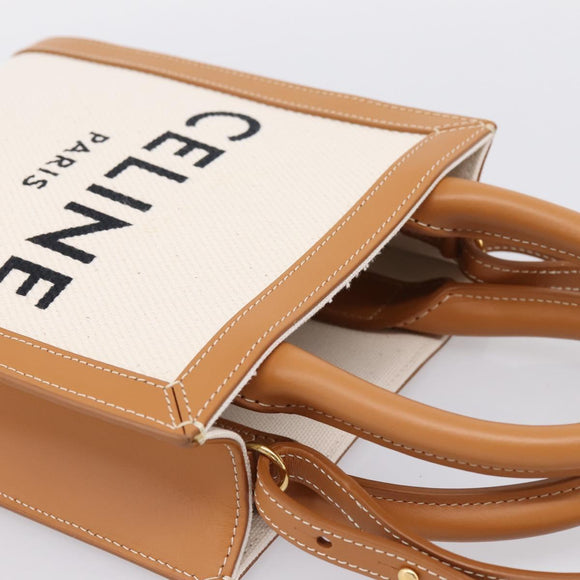 CELINE Mini Vertical Cabas Hand Bag Canvas 2way White Gold Auth BA15762M
