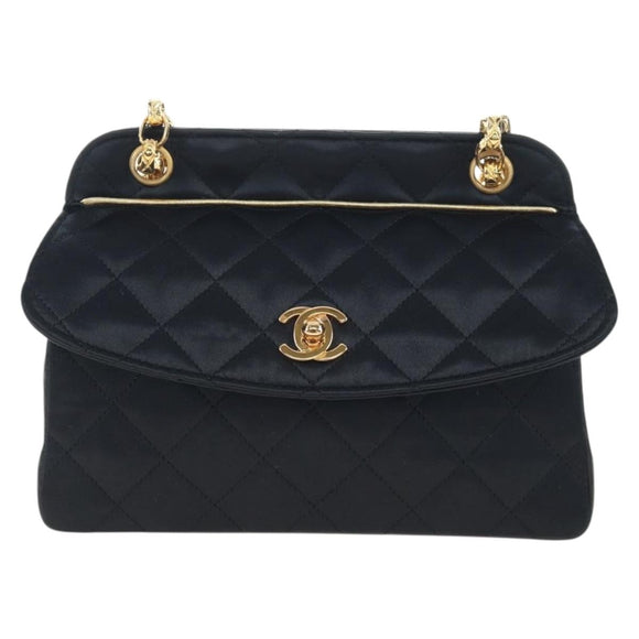 CHANEL Matelasse Chain Shoulder Bag Satin Black Gold CC Auth BA15768SAM