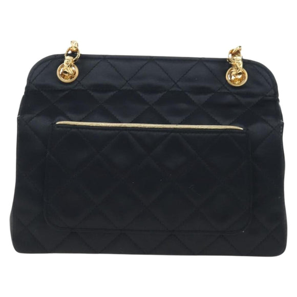 CHANEL Matelasse Chain Shoulder Bag Satin Black Gold CC Auth BA15768SAM