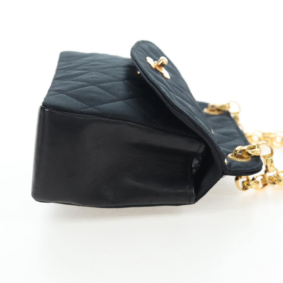 CHANEL Matelasse Chain Shoulder Bag Satin Black Gold CC Auth BA15768SAM