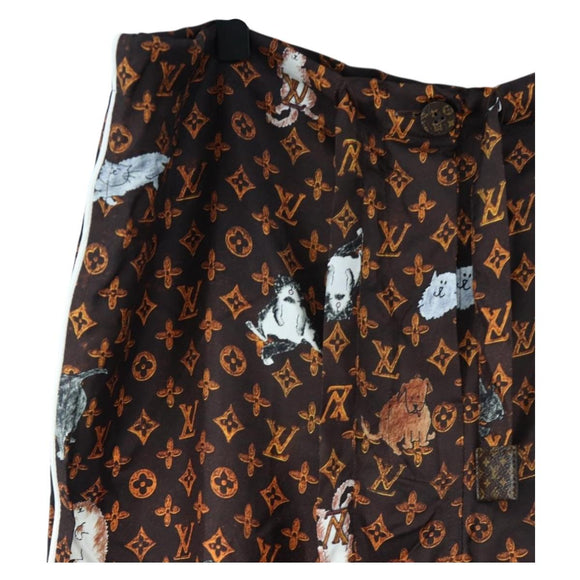 LOUIS VUITTON Catgram Straight Pants Silk 38 Brown LV Auth BA15774SAM
