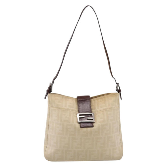 FENDI Zucca Canvas Mamma Baguette Tote Bag Beige Silver Auth BA15795A