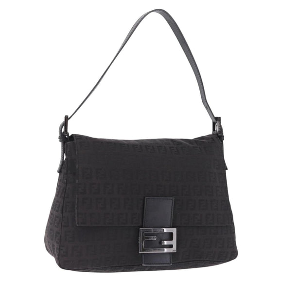 FENDI Zucchino Canvas Mamma Baguette Shoulder Bag Black Silver Auth BA15800V
