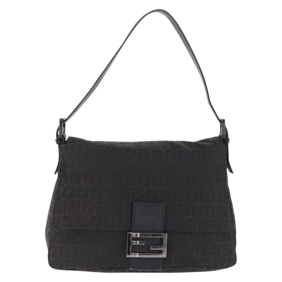 FENDI Zucchino Canvas Mamma Baguette Shoulder Bag Black Silver Auth BA15800V