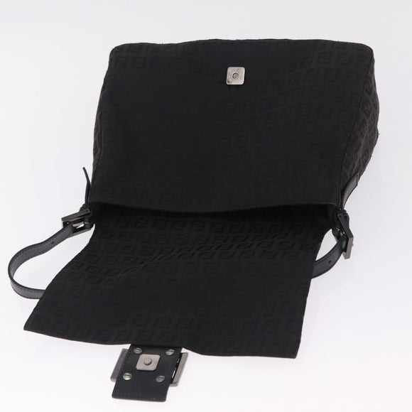 FENDI Zucchino Canvas Mamma Baguette Shoulder Bag Black Silver Auth BA15800V