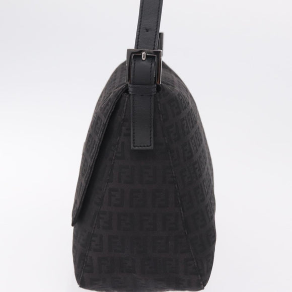 FENDI Zucchino Canvas Mamma Baguette Shoulder Bag Black Silver Auth BA15800V