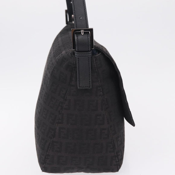 FENDI Zucchino Canvas Mamma Baguette Shoulder Bag Black Silver Auth BA15800V
