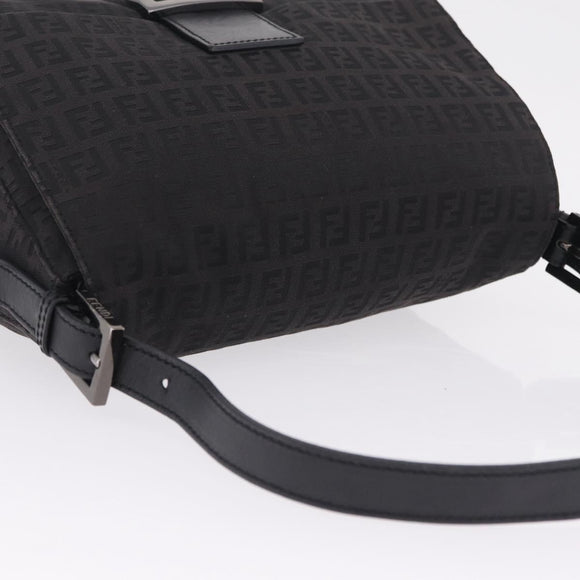 FENDI Zucchino Canvas Mamma Baguette Shoulder Bag Black Silver Auth BA15800V