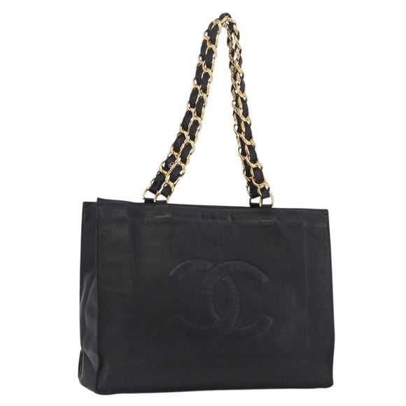 CHANEL Chain Big COCO Mark Tote Bag Lamb Skin Black Gold CC Auth BA15804V