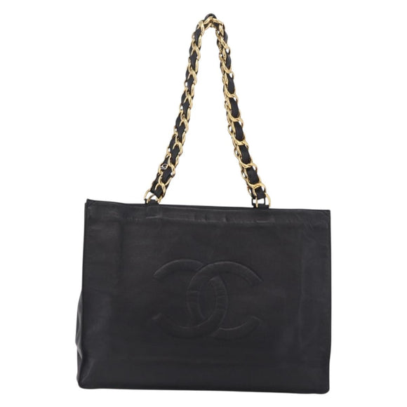 CHANEL Chain Big COCO Mark Tote Bag Lamb Skin Black Gold CC Auth BA15804V