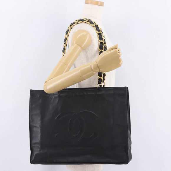CHANEL Chain Big COCO Mark Tote Bag Lamb Skin Black Gold CC Auth BA15804V
