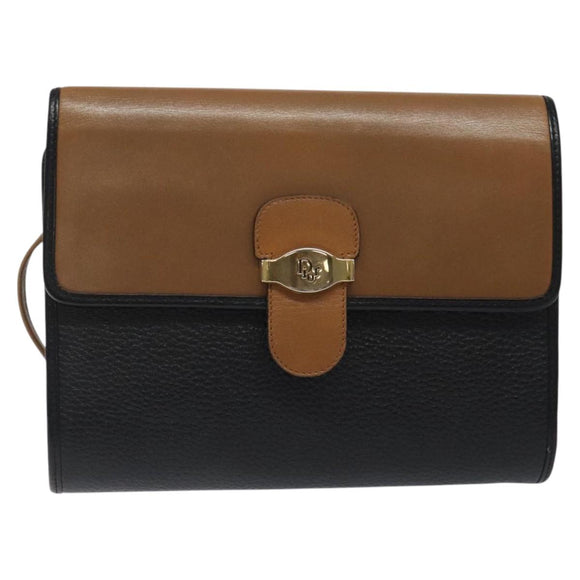 Christian Dior Shoulder Bag Leather Black Brown gold Auth BA1582