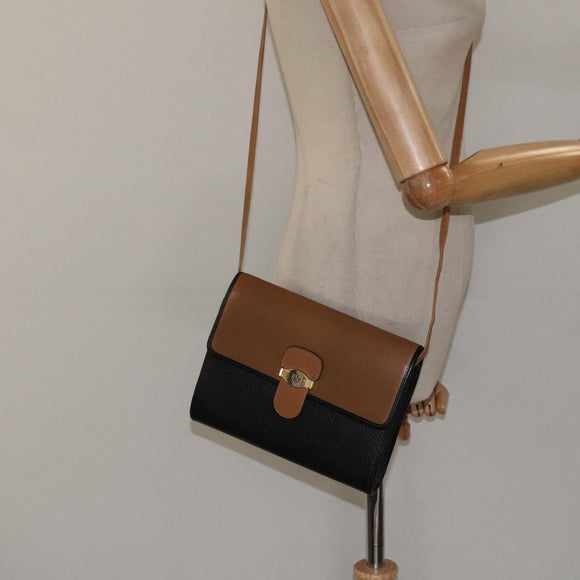 Christian Dior Shoulder Bag Leather Black Brown gold Auth BA1582