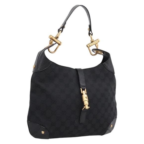 GUCCI GG Canvas New Jackie Shoulder Bag Black Gold 120888 Auth BA15834V