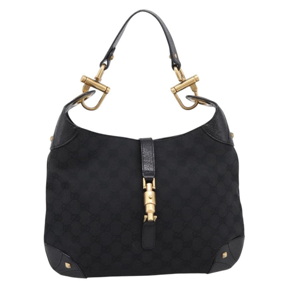 GUCCI GG Canvas New Jackie Shoulder Bag Black Gold 120888 Auth BA15834V